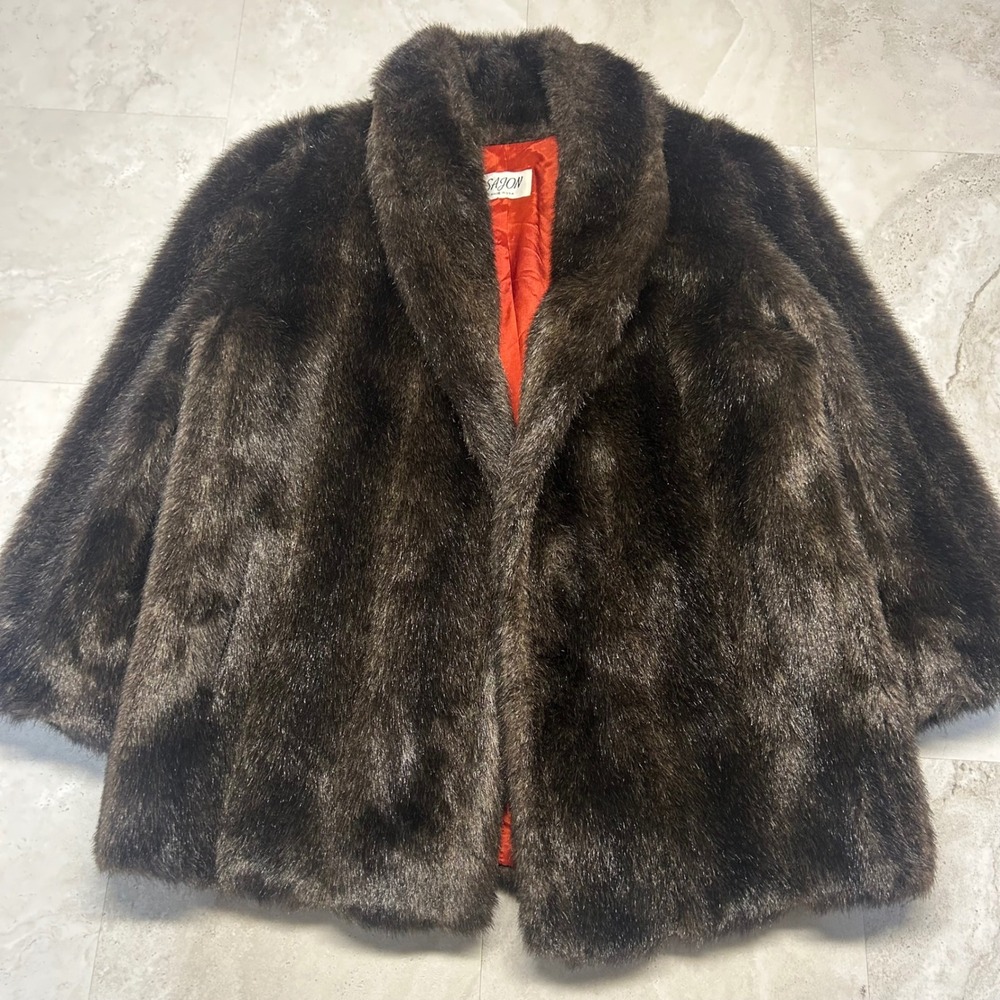 Sajon Vintage Faux Fur Coat Brown Women Large XL Shawl Collar Made in USA Glam